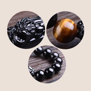 Buddha Stones Natural Black Obsidian PiXiu Tiger's Eye Strength Bracelet Bracelet BS 13