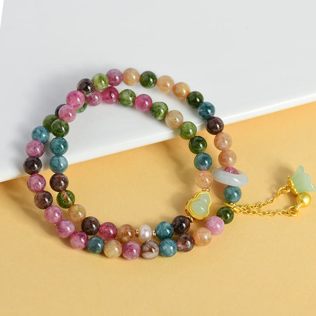 Buddha Stones Multicolored Tourmaline Gourd Wisdom Double Wrap Lily Of The Valley Charm Bracelet