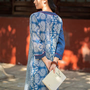 Buddha Stones Blue White Flower Pattern Midi Dress Meditation Three Quarter Sleeve Linen Dress With Pockets 6