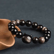 Buddha Stones Gold Sheen Obsidian Silver Sheen Obsidian Lovely Paw Lucky Cat Protection Bracelet