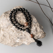 Buddha Stones Black Obsidian Lion Strength Tassel Wrist Mala Wrist Mala BS 1