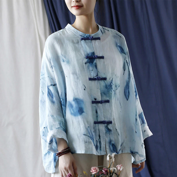 Buddha Stones Tie Dye Blue Flowers Frog-Button Design Long Sleeve Ramie Linen Jacket Shirt 10