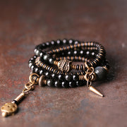Buddha Stones Rainbow Obsidian Ebony Wood Copper Positive Multilayer Bracelet