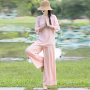 Buddha Stones 2Pcs Plain Design Top Pants Meditation Yoga Zen Tai Chi Cotton Linen Clothing Women's Set Clothes BS Pink(Top&Pants) 2XL(Suitable for Weight 65-72.5kg)