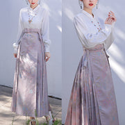 Buddha Stones Chinese Hanfu Pink Flying Crane Printed Horse Face Skirt Mamianqun 6