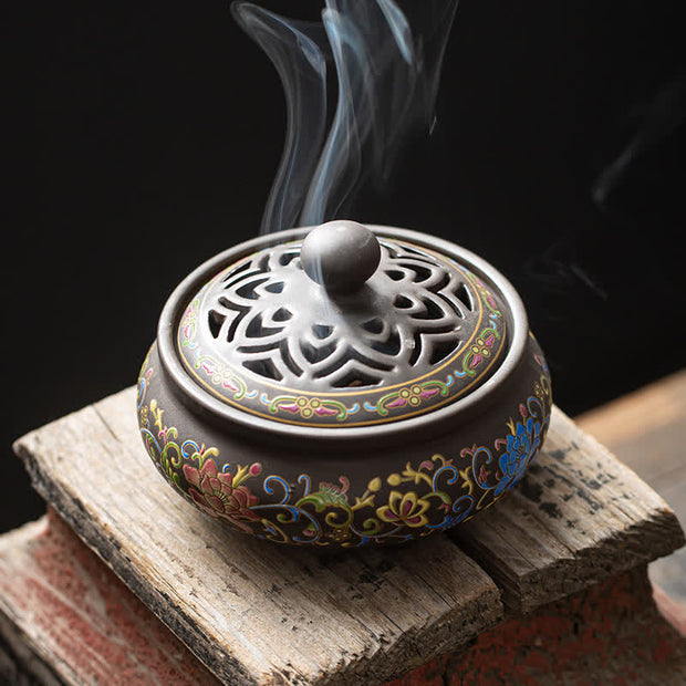 Buddha Stones Tibetan Floral Pattern Ceramic Blessing Incense Burner Decoration (Extra 35% Off | USE CODE: FS35) - Brown 9.9*9.9*7cm - image 4