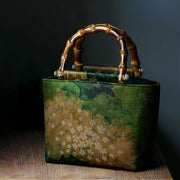 Buddha Stones Yellow Bird Branches Green Peony Flower Bamboo Handles Handbag Handbags BS Green Peony 16-23*14*11cm