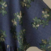 Buddha Stones Blue Brown Flowers Midi Dress Cotton Half Sleeve Tunic Dress With Pockets