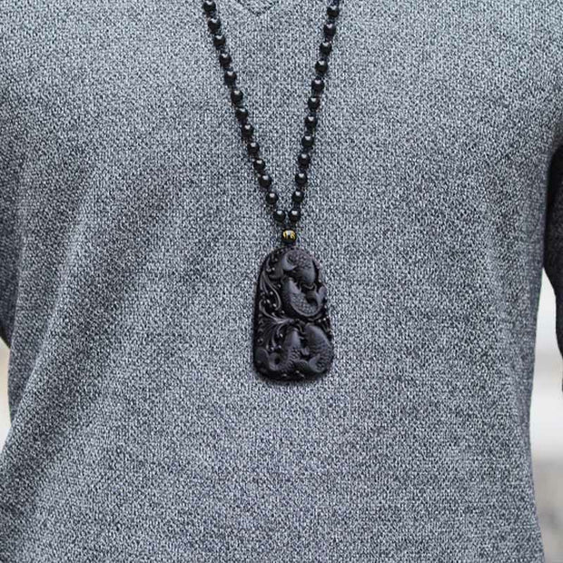 Buddha Stones Black Obsidian Koi Fish Engraved Strength Beaded Necklace Pendant Necklaces & Pendants BS 16