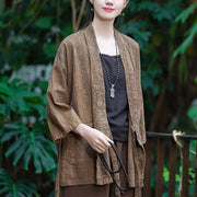 Buddha Stones Hanfu Design Three Quarter Sleeve Ramie Linen Coat Open Front Top Jacket