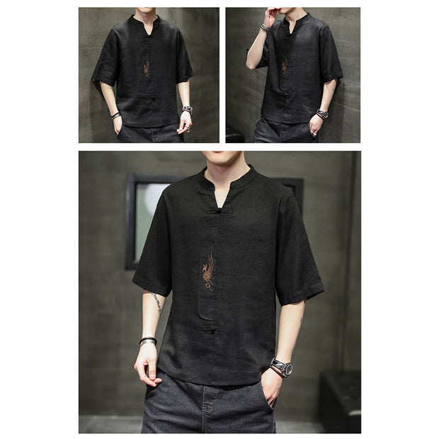 Buddha Stones Frog-Button Phoenix Embroidery Chinese Tang Suit Short Sleeve Shirt Cotton Linen Men Clothing