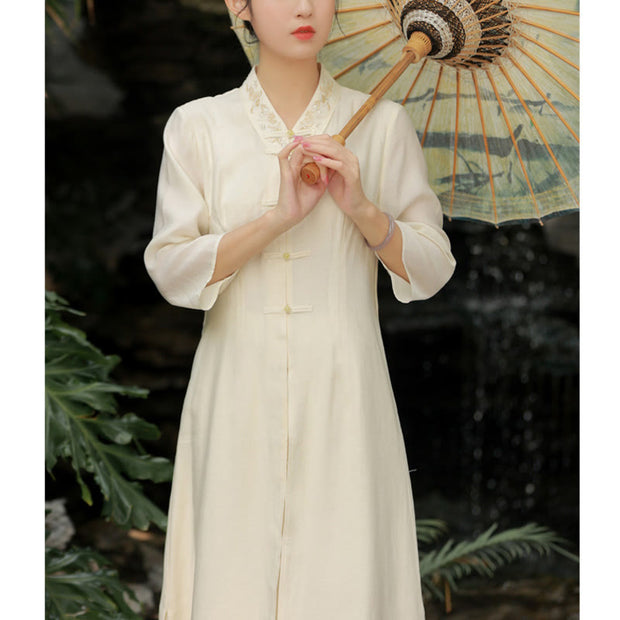 Buddha Stones V-Neck Flower Embroidery Frog-Button Dress Meditation Zen Practice Clothing