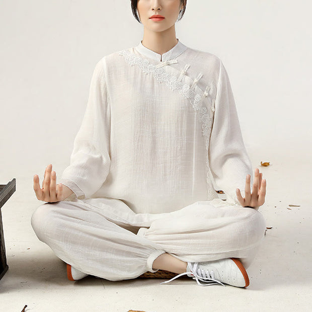 Buddha Stones 2Pcs Long Sleeve Frog-Button Meditation Prayer Zen Practice Tai Chi Uniform Clothing Women's Set Clothes BS 1