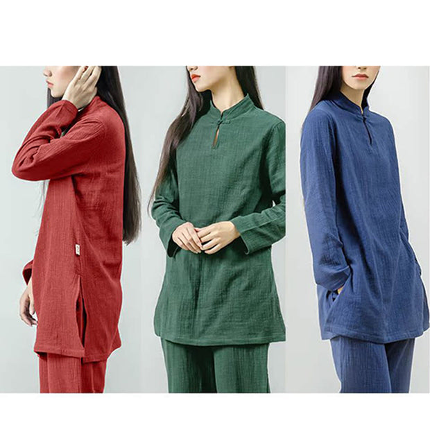 Buddha Stones 2Pcs Tang Suit Frog-Button Shirt Top Pants Meditation Zen Tai Chi Cotton Linen Clothing Women's Set Women's Meditation Cloth BS 15