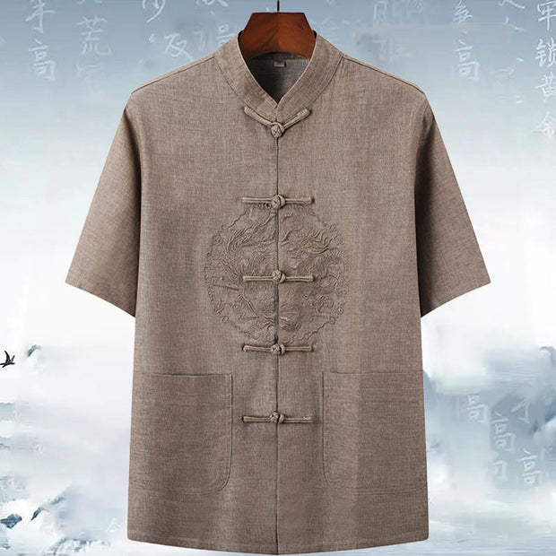 Buddha Stones Dragon Embroidery Pattern Tang Suit Short Sleeve Shirt Pants Men's Set Men's Meditation Cloth BS 5