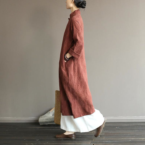 Buddha Stones Flower Jacquard Midi Dress Long Sleeve Cotton Linen Dress Wide Leg Pants With Pockets 36