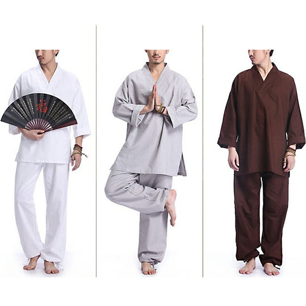 Buddha Stones Meditation Prayer V-neck Design Cotton Linen Spiritual Zen Practice Yoga Clothing Men's Set