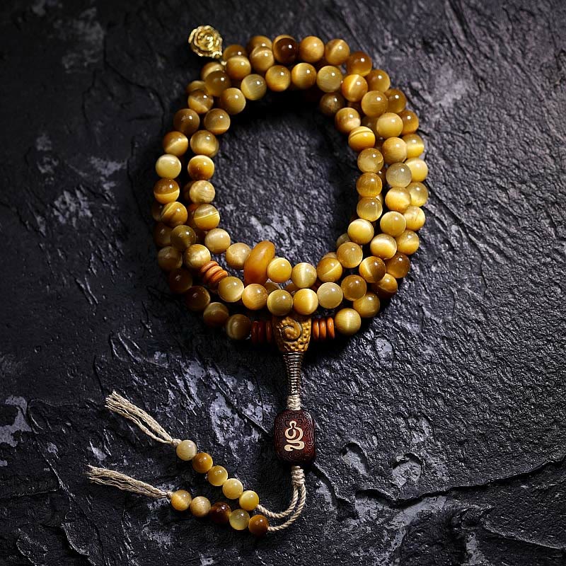 Tiger Eye Mala with Cinnabar Pendant Prayer Beads newest Necklace