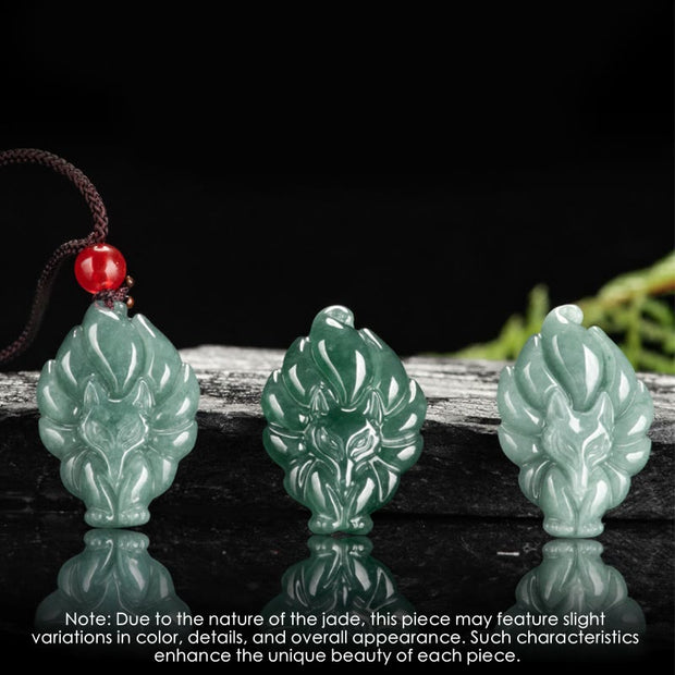 Buddha Stones Natural Green Jade Nine-Tailed Fox Luck Necklace Pendant