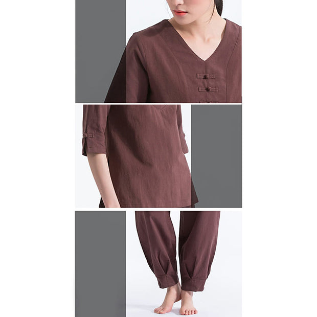 Buddha Stones Yoga Meditation Prayer V-neck Design Cotton Linen Clothing Uniform Zen Practice Women's Set Clothes BS 11