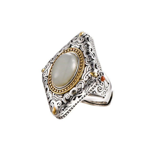 Buddha Stones 925 Sterling Silver Rhombus Design Hetian Jade Luck Necklace Pendant Ring Set Bracelet Necklaces & Pendants BS 6