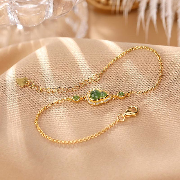 Buddha Stones 925 Sterling Silver Plated Gold Natural Hetian Cyan Jade Gourd Luck Bracelet Ring Set Bracelet Necklaces & Pendants BS 925 Sterling Silver Plated Gold Bracelet(Wrist Circumference 14-16cm)
