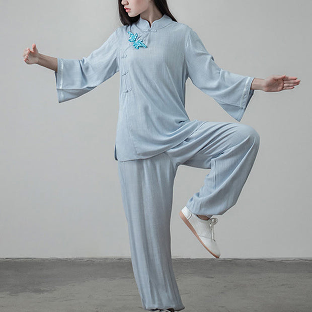 Buddha Stones 2Pcs Tang Suit Frog-Button Shirt Top Pants Meditation Tai Chi Cotton Linen Women's Set Women's Meditation Cloth BS 9