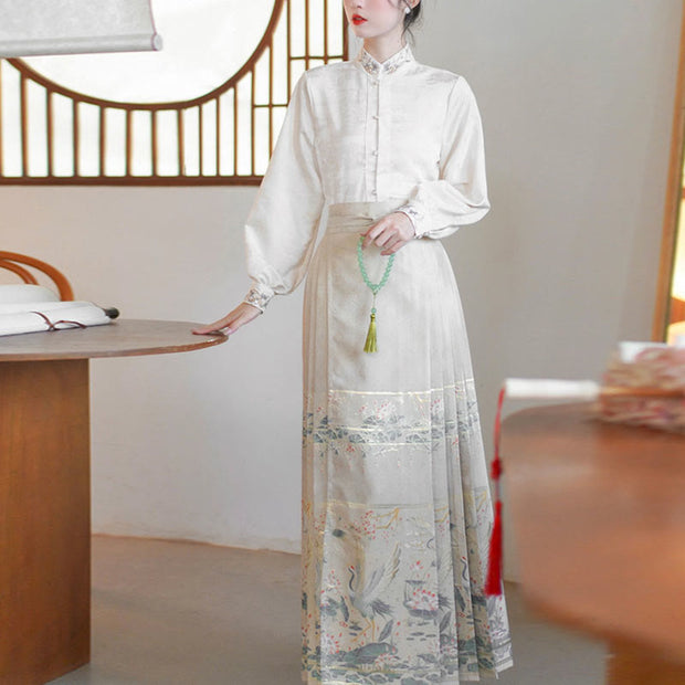 Buddha Stones Long Sleeve Shirt Top Chinese Hanfu Crane Lotus Printed Horse Face Skirt Mamianqun