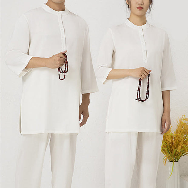 Buddha Stones 2Pcs Buttons Men's Three Quarter Sleeve Shirt Top Pants Meditation Zen Tai Chi Cotton Linen Clothing Set 4