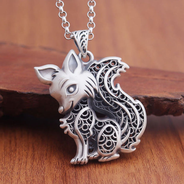 Buddha Stones Tibet 999 Sterling Silver Fox Pattern Two-sided Blessing Necklace Necklaces & Pendants BS Hollow Fox Fairy(Necklace Length: 50cm)