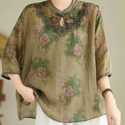 Buddha Stones Light Green Rose Flower Embroidery Design Three Quarter Sleeve Ramie Linen Shirt Women's Shirts BS 3XL(Fit for US16; UK/AU20; EU48)(Top Only)
