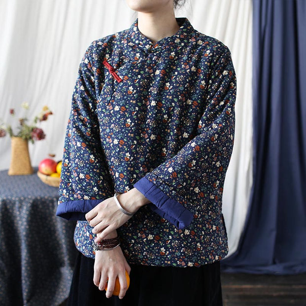 Buddha Stones Flowers Cotton Linen Jacket Shirt Chinese Northeast Style Winter Clothing 43