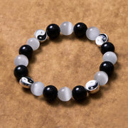 Buddha Stones Black Obsidian Cat's Eye Yin Yang Purification Strength Bracelet Bracelet BS 3