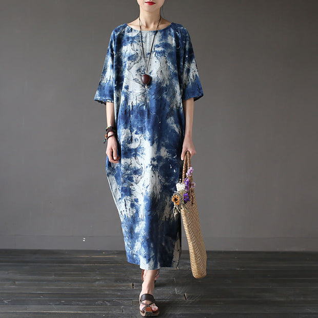 Buddha Stones Ink Tie Dye Midi Dress Three Quarter Sleeve Cotton Linen Dress With Pockets 6