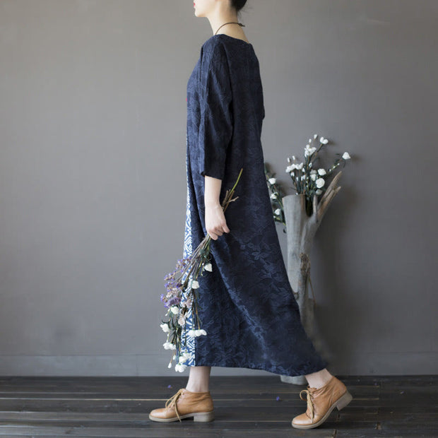 Buddha Stones Blue Flowers Embroidery Jacquard Midi Dress Three Quarter Sleeve Cotton Dress With Pockets 3