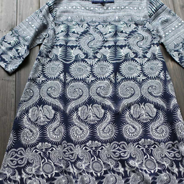 Buddha Stones Blue White Flower Printed Button Midi Dress Three Quarter Sleeve Cotton Linen Dress With Pockets