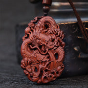Buddha Stones Lightning Struck Jujube Wood Double Dragon Relief Ward Off Evil Spirits Necklace Pendant 1