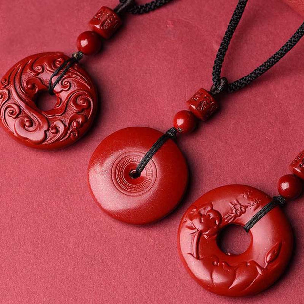Buddha Stones Natural Cinnabar Lotus Peace Buckle Blessing Necklace String Pendant