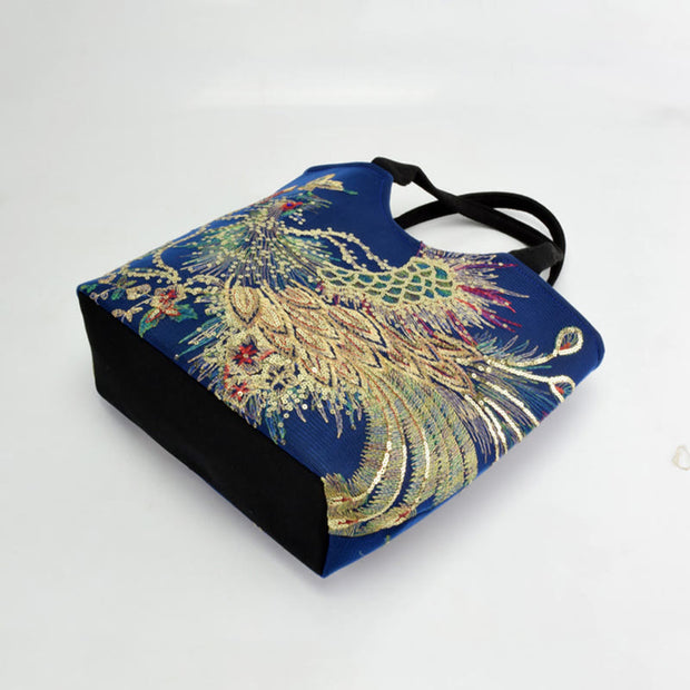Buddha Stones Peacock Double-sided Embroidery Tote Bag Shoulder Bag Crossbody Bag Bag BS 6