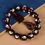 Buddha Stones Small Leaf Red Sandalwood Yin Yang Protection Bracelet Bracelet BS 15mm(Wrist Circumference 15-17.5cm) Gourd Charm