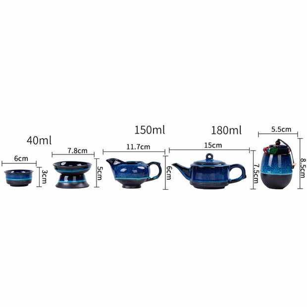 Buddha Stones Blue Gradient Color Chinese Gongfu Tea Ceramic Teapot Portable Gift Bag Box Set