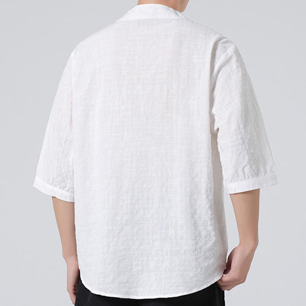 Buddha Stones Frog-Button Plaid Pattern Chinese Tang Suit Half Sleeve Shirt Cotton Linen Men Clothing Men's Shirts BS 24