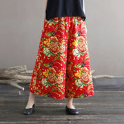Buddha Stones Red Peony Flowers Cotton Linen Wide Leg Pants With Pockets Women's Wide Leg Pants BS Red(Waist 66-100cm/Length 89cm)