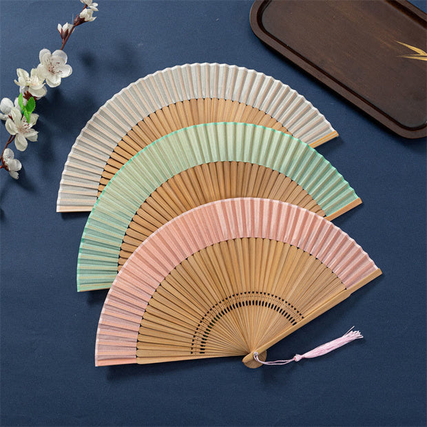 Buddha Stones Solid Color Handheld Silk Bamboo Folding Fan 21cm 1