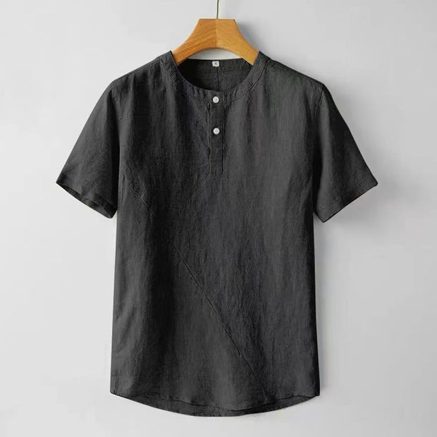 Buddha Stones Summer Men's Solid Color Button Short Sleeve Linen Shirt Men's Shirts BS Black 4XL(Fit for US/UK/AU44; EU54)
