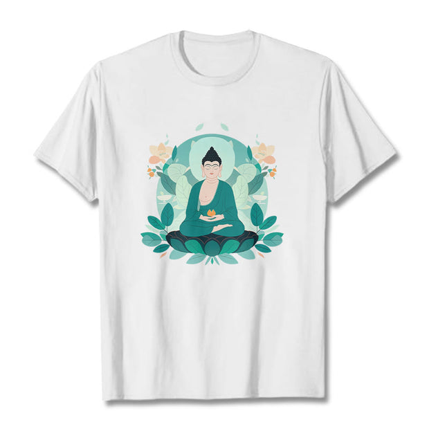 Buddha Stones Close Eyes Green Leaf Buddha Tee T-shirt T-Shirts BS White 2XL