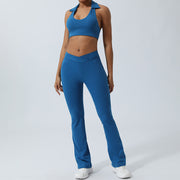 Buddha Stones 2Pcs Workout Sleeveless Backless Top Shorts Flared Pants Sports Fitness Yoga Outfit Set