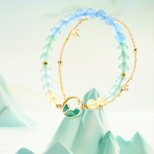 Buddha Stones 18K Gold Plated Copper Natural Jade Chalcedony A Panorama of Rivers and Mountains Luck Necklace Pendant Bracelet Set