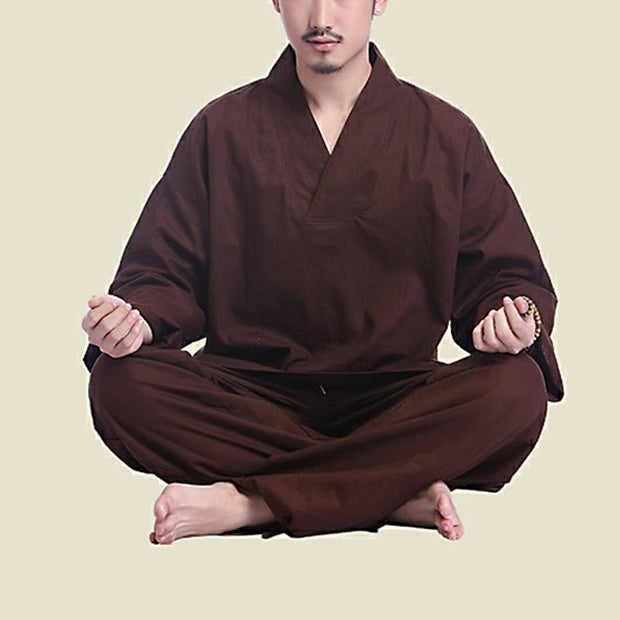Buddha Stones Meditation Prayer V-neck Design Cotton Linen Spiritual Zen Practice Yoga Clothing Men's Set Clothes BS 1
