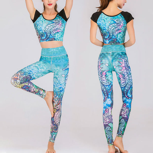 Buddha Stones 2Pcs Undersea World Mysterious Girl Gradient Color Top Pants Sports Fitness Yoga Women's Yoga Sets 1